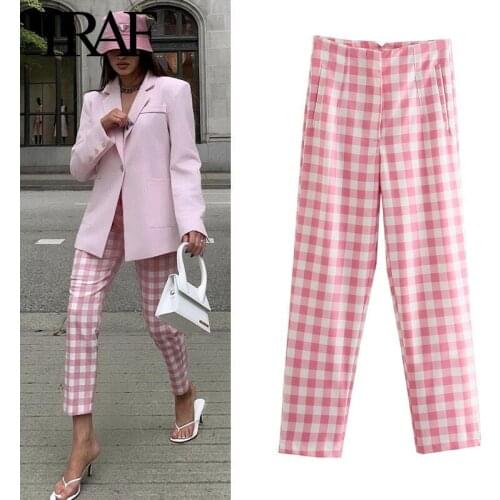 Traf Women Clothing Summer Bottoms Vintage Streetwear High Waisted Straight Pants Office Chic Pink Plaid Trousers