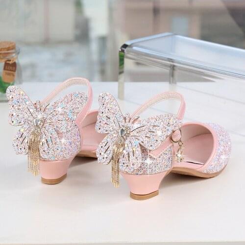 Princess Kids Leather Shoes For Girls Glitter Butterfly Knot Dress Banquet Party Children High Heel Shoe For kids Girls Sandals