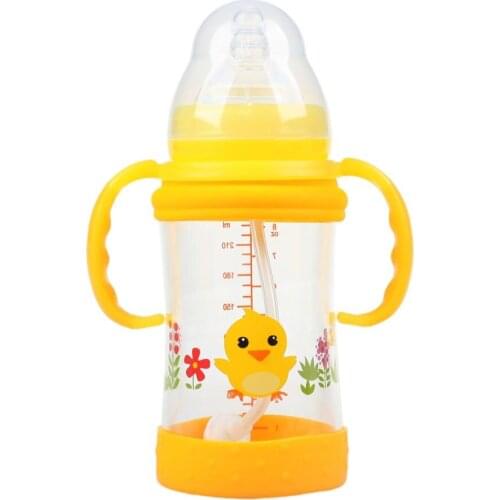 Children handle silicone nipple cartoon shatterproof heat-resistant 240ml Tritan wide learn drinking baby bottle on sale KD1203