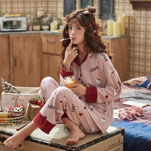 Cotton Nightwear Casual Home Wear Pink Cute Pig Pattern Pijamas Soft Nighty New Autumn Winter Pajamas Set Womans Sleepwear