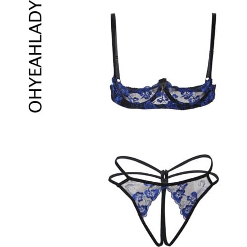 Ohyeahlady Lingerie Set Womens Sexy Floral Lace Scalloped Exposed Breasts Bra Top Panty Underwire Lingerie Set RJ80977
