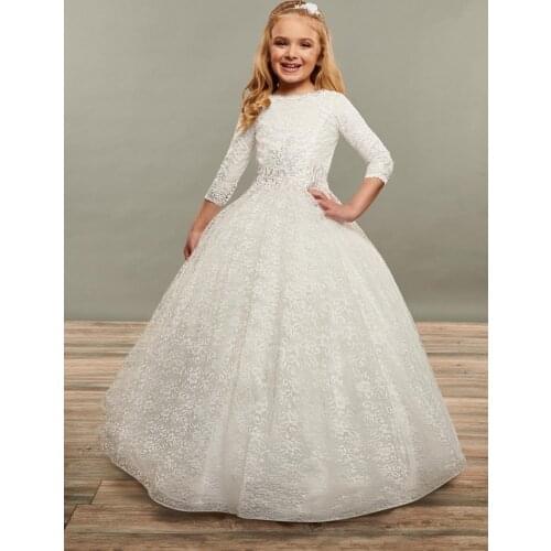 Lace Flower Girl Dresses Ivory 2020 Three Quarter Sleeves Princess Primera Communion Flower Girl Dresses for Weddings vestido