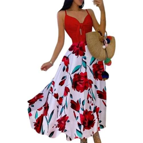 Summer Dress Women Dresses Bohemian V-neck sexy print sleeveless floral print waist big dress party Beach Wear Plus Size