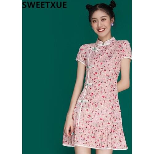 SWEETXUE Chinese Style Cheongsam Fishtail Dress Womens Print Embroidery Mini Dresses