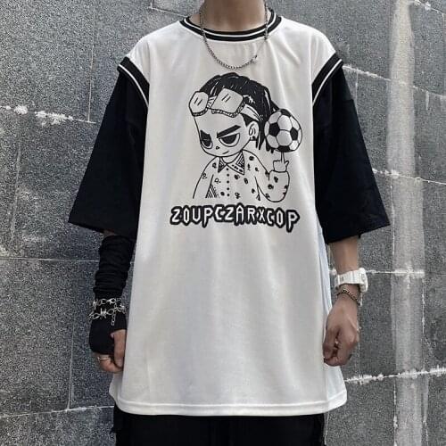 Hip Hop Patchwork Panelled Fake Two Pieces Men T Shirt Vintage Style New Kpop Cool Clothes Harajuku Casual All-Match Streetwear