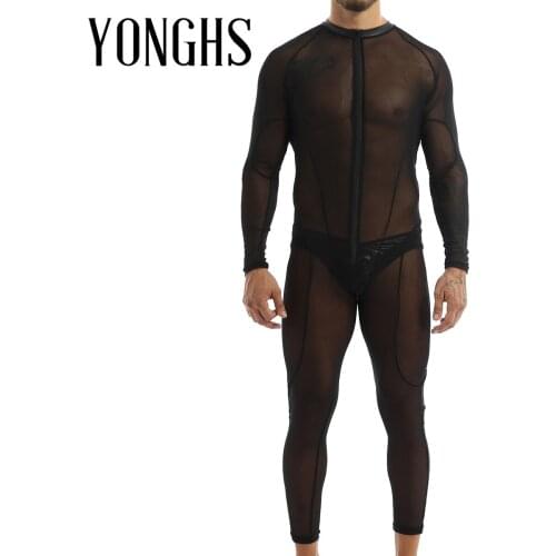 Mens Lingerie See Through Bodysuit Sheer Mesh Round Neck Long Sleeves Leotard Jumpsuit with Faux Leather Thong Briefs Underwear