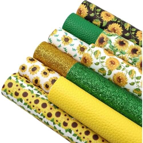 Sunflower Printed Faux Leather Fabric Set Chunky Glitter Lychee Synthetic Leather Sheet for Earrings Hair Bows Sewing Crafts