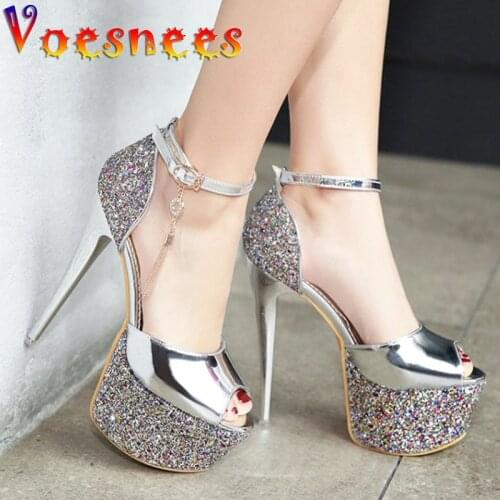 Summer New Peep Toe Women Stiletto Shoes Rhinestone Fringes Ornaments Buckle Strap Sandals Shiny Waterproof Platform High Heels