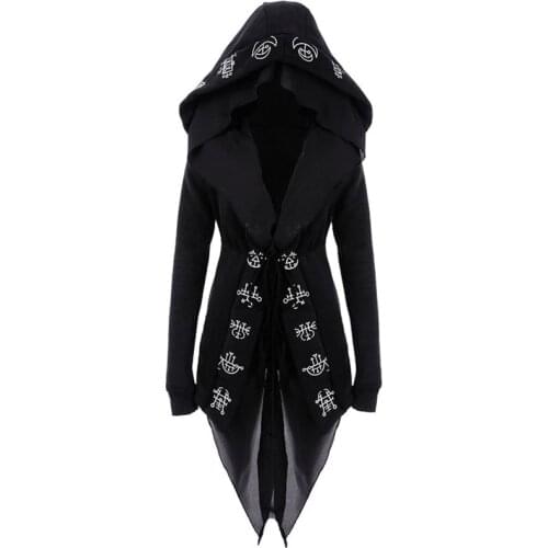 Rosetic Gothic Long Hooded Cape Coat Women Casual Top Autumn Oversized Black Printed Slim Female Black Hooded Outerwear Coats
