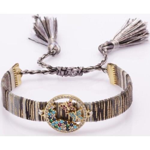 Rainbow cz pave gold double butterfly flower charm beads bohemia silk wristband adjustable bracelet for woman gift for her