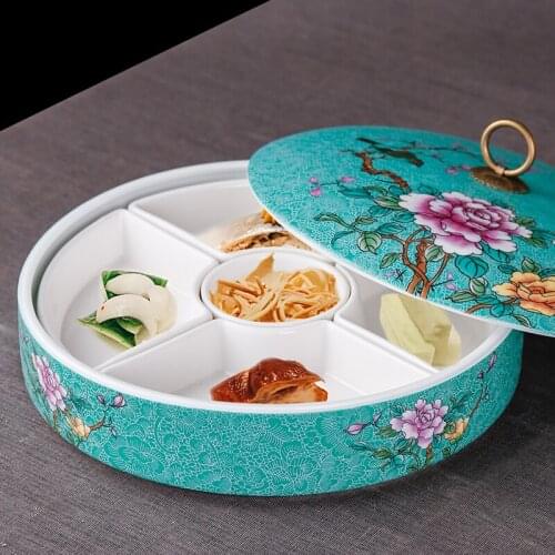 Retro ceramic snack plate enamel round lid storage box artistic conception plate five grid platter creative tableware CN(Origin)