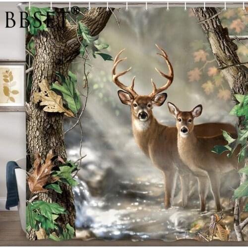 Deer Shower Curtain Two Deer In The Foggy Forest Pattern Waterproof Multi-size Douchegordijn Bathroom Decor with 12 Hooks