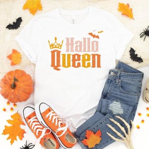 HalloQueen Halloween Shirt Trick or Treat Funny Halloween Fashion Girl Casual 100% Cotton Neck Female Streetwear Short Sleeve