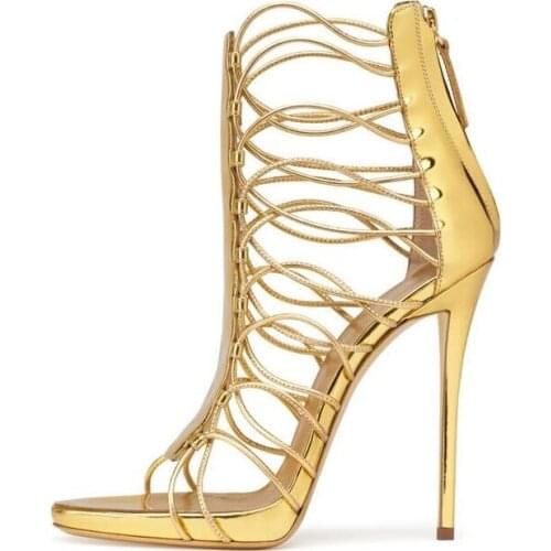 Newest 2018 Women Gold Cross Straps High Heel Shoes Peep Toe Cut-out Cage Shoes Sexy Summer Thin Heels Strappy Sandals