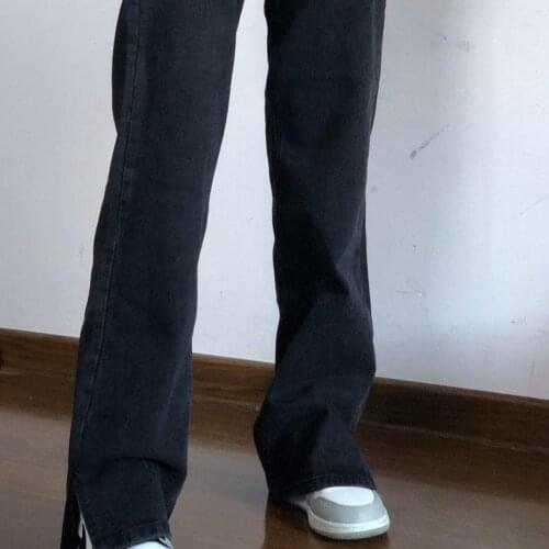 Woman Jeans Pants Spring Autumn High Waist Slit Straight Loose Black Pantalones Vaqueros