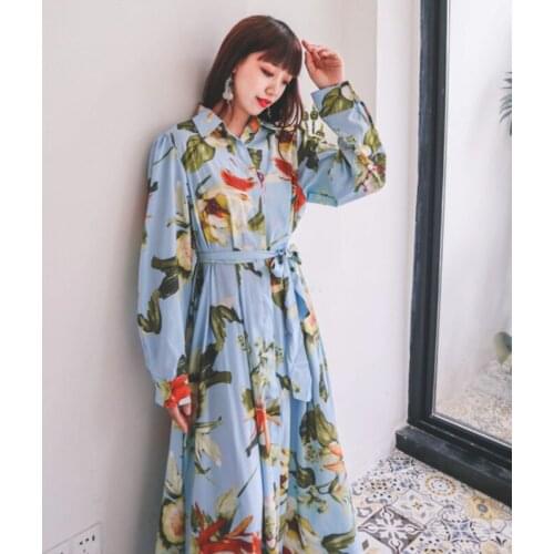 Spring Korean version of the new womens ins retro printing long-sleeved slim shirt dress Bohemia travel beach long dress