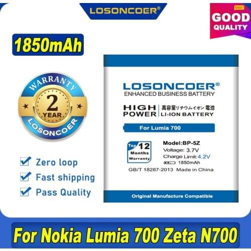 100% Original LOSONCOER 1850mAh BP-5Z Battery For Nokia Lumia 700 Zeta N700 Lumia700