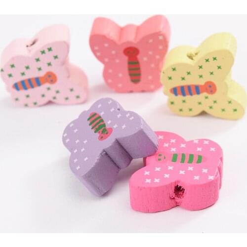 IYOE 30pcs/Lot 14X15mm Butterfly Wood Beads Cartoon Animal Printing Spacer Beads For Handmade Making Bracelet Necklace Jewelry