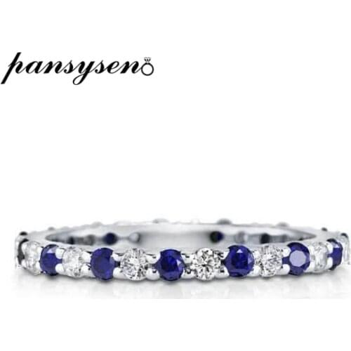 PANSYSEN 100% Solid 925 Sterling Sivler Sapphire Emerald Ruby Gemstone Round Circle Ring Classic Sample Finger Rings for Women
