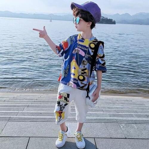 2020 Kids Boys Clothes Boy Summer Clothing Sets Short Sleeves Print Tops Shirt+ pant Suits Children Clothing
