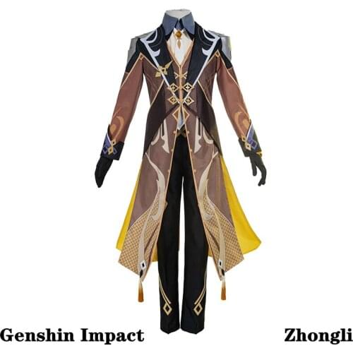 Game Cosplay 2021 New Year Costume Genshin Impact Zhongli Clothes Jacket Shirt Pants Belt Gloves Accessories Set Anime Project