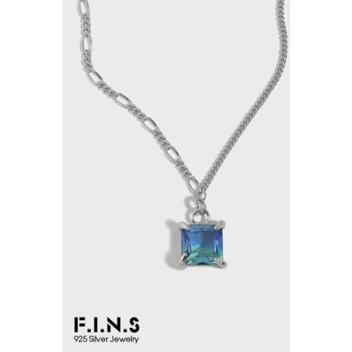 F.I.N.S Minimalist 100% S925 Sterling Silver Necklace Pendant Square Double-color Stone Asymmetric Chain Necklace Fine Jewelry