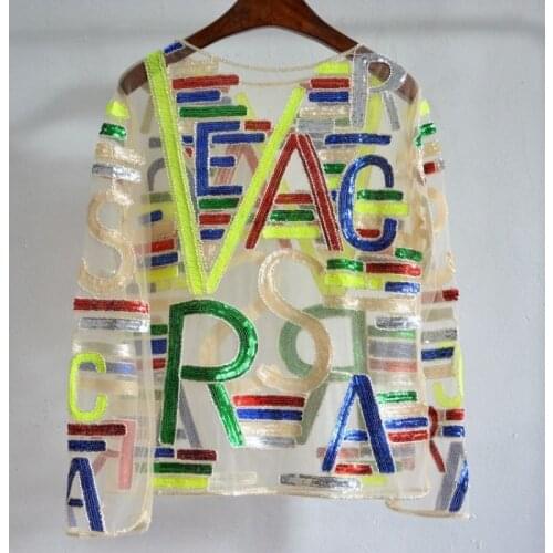 Fashion Streetwear Long Sleeve Lace T-Shirts Women Letter Printing Sexy Mesh O-Neck Harajuku Tees Sequins Beading Tops Ladies