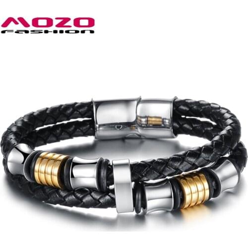 Fashion Bangle Male Jewelry Black Leather Braided Rope Chain Stainless Steel Magnet Buckle Bracelets for Party Gifts