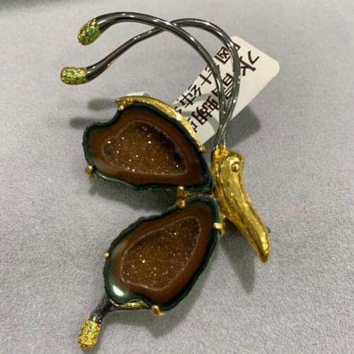 Natural semi-precious stone crystal brooch pendant double use insect butterfly fine women jewelry 925 silver unique style