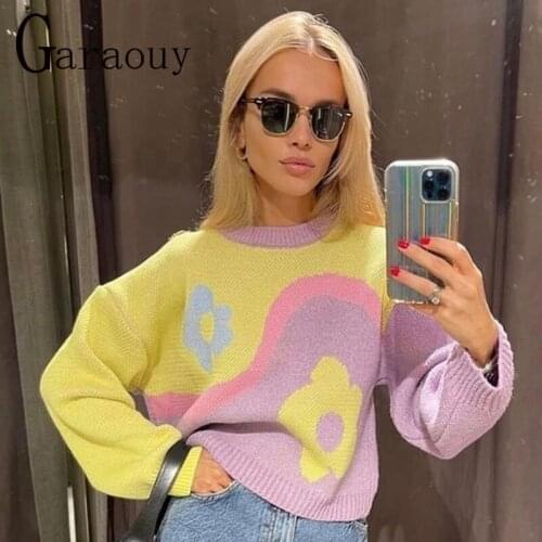 Garaouy New 2021 Women Autumn Winter Clothing Flowers Sweet Color Matching Round Neck Long Sleeve Loose Pullover Sweater ZA