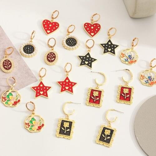 New Enamel Flower Oil Painting Heart Earring Geometric Stars Flower Square Love Daisy Drop Earring Party Jewelry 2021