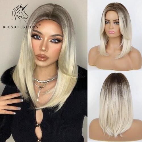 Blonde Unicorn Straight Medium Length Synthetic Wig Ombre Brown to Light Blonde Hair Wigs Heat Resistant Party Wigs For Women