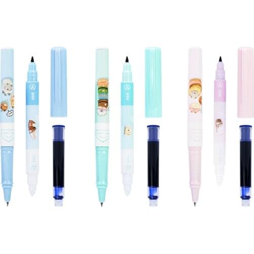 Deli Fountain Pen Set 18sets Cute Cartoon Bear Erasable Pen for School Supplies Cute Stationery Pen Ink Cartridge Kids Prizes