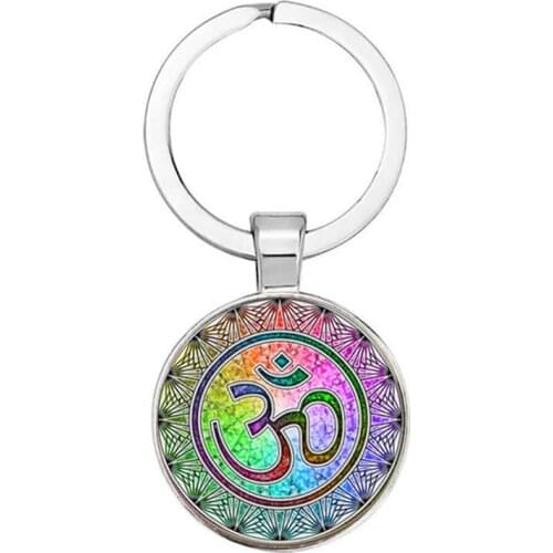 Popular Jewelry Indian Sanskrit OM Symbol Key Ring OHM OM AUM Buddha Lotus Silver Plated Flower Of Life Mandala Art Glass Ring J