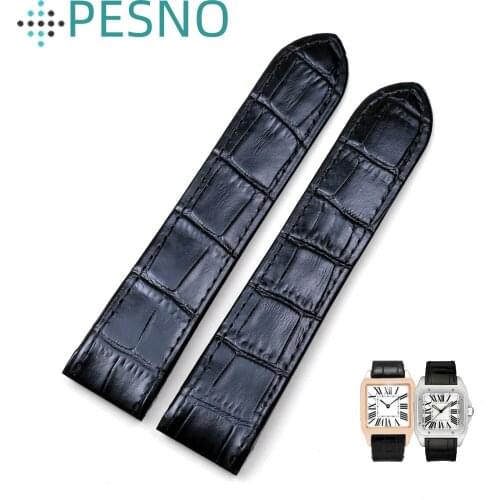 PESNO Suitable for Santos WJSA0007 WHSA0018 WSSA0017 Calf Skin Leather Watch Straps Black Brown Genuine Top Layer Leather Bands