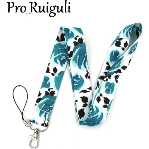 Blue Flower Rose Lanyard Keys Phone Holder Funny Neck Strap With Keyring ID Card DIY Animal webbings ribbons Hang Rope