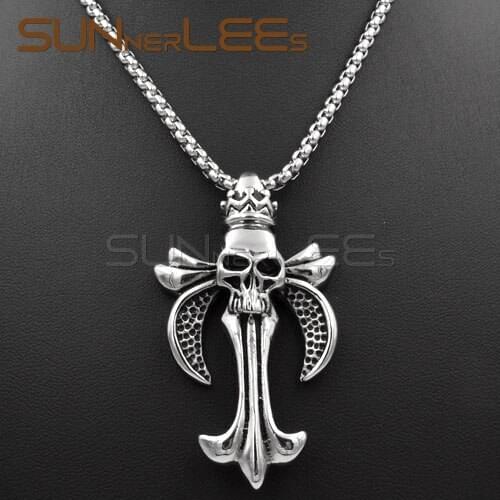 SUNNERLEES Fashion Jewelry Stainless Steel Pendant Necklace Link Chain Punk Jesus Christs Cross Skull For Mens Womens SP10