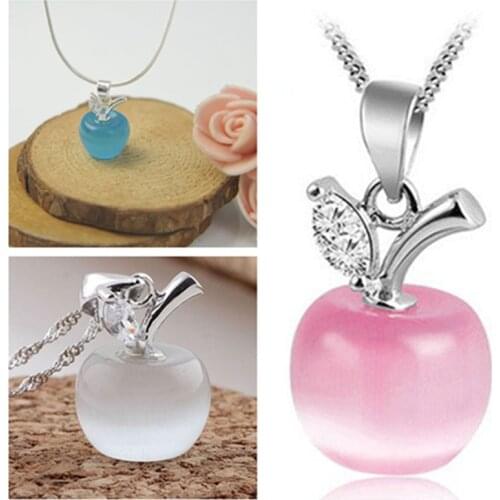 925 Sterling Silver New Woman Fashion Jewelry High Quality Pink Opal Apple Shape Pendant Water Necklace Length 45CM JP