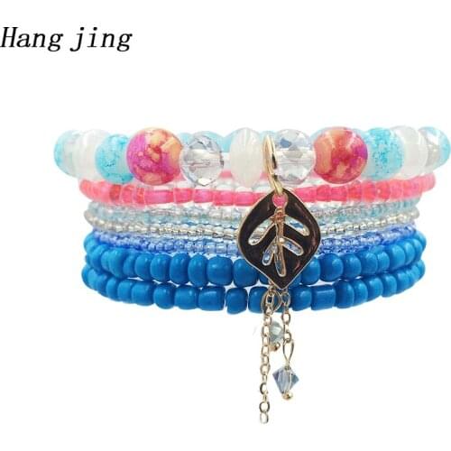 7pcs/set femme 2019 couple luxury cute elastic charm friendship wrap boho leave crystal bead bracelet boheme for woman jewelry