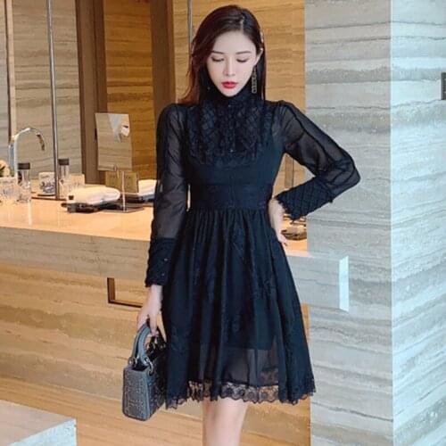 2021 New Summer Woman black Stand-up Collar Lace Patchwork Casual Vacation Mini Dresses Fashion Runway Design Dress