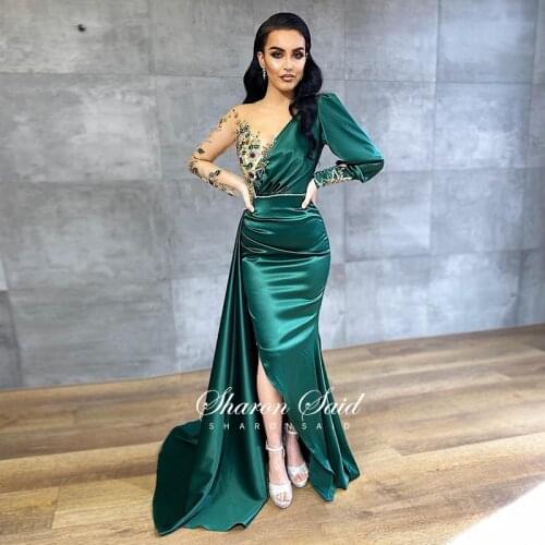 Emerald Green Long Sleeve Mermaid Evening Dress Dubai Beaded Side Split Arabic Women Formal Gowns Elegant Red Party Prom Dresses