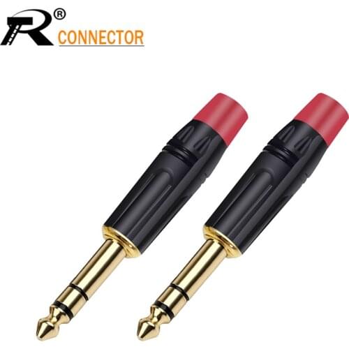 10pcs Gold plated Wire Connector 6.35MM Jack Conector Smooth Black Microphone Audio Stereo Plug Assembly Free Solder