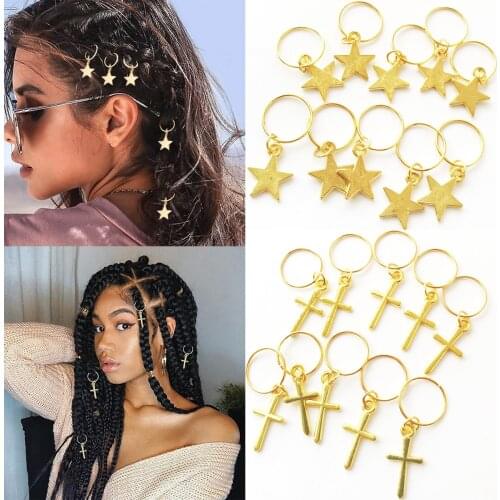 5PCS Gold Dreadlock Hair Jewelry Rings Accessories Metal Cuffs Decorations Star Leaves Pendants Women Braid Clips