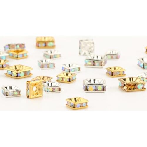 50pcs/lot 6mm 8mm AB Gold Silver Color Square Rhinestone Rondelles Crystal Spacer Beads For Jewelry Making DIY Bracelet Necklace