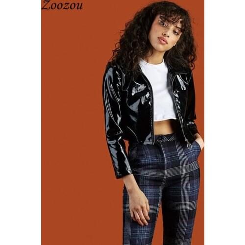 Black Vintage Patent Leather Short Jacket Women Glossy Fabric Pu Leather Jackets Female Motorcycle Jacket Biker Coat Streetwear