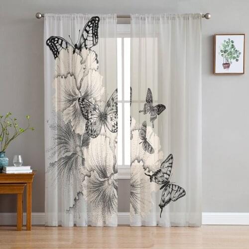 Black And White Butterfly Flower Art Sheer Curtain for Living Room Bedroom Kitchen Modern Tulle Window Treatment Home Decor