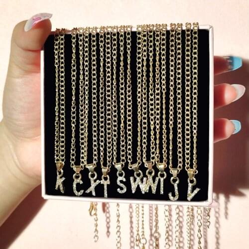 Flatfoosie Trendy New Initial Letter Name Necklace For Women Gold Link Chain Necklaces A-Z Alphabet Rhinestone Pendant Jewelry