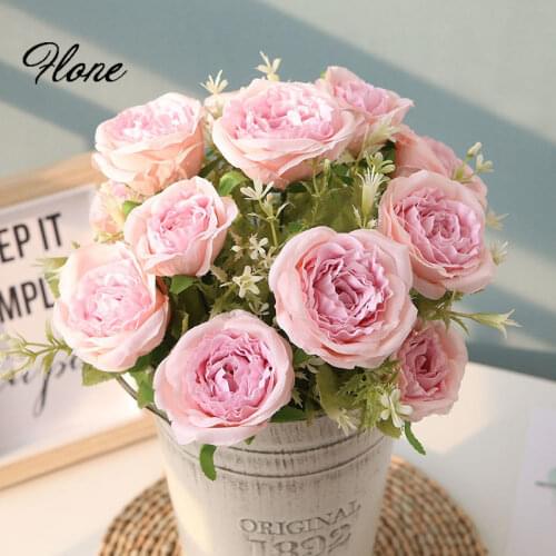 Flone High Quality Silk 12 Head Rose Bouquet Fake Flowers Artificial Flowers Tea Rose Wedding Living Room Decoration Accessories