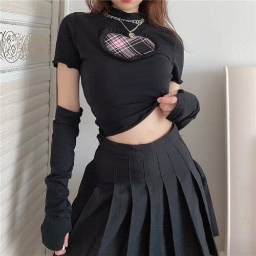 E-Girl Sweet Ruffles Kawaii Tee Harajuku Gothic T-shirt Black Pink Plaid Heart Shape Short Sleeve Crop Top Women Streetwear