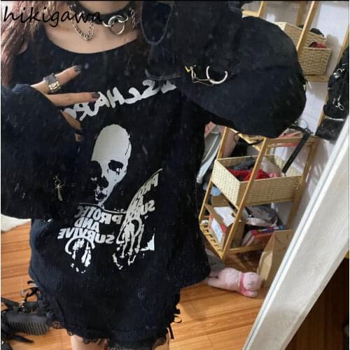 Hikigawa Streetwear Personalized Skull Print T Shirt Women Sweet Cool Punk Off Shoulder Long Sleeve Tees Student Loose Tops